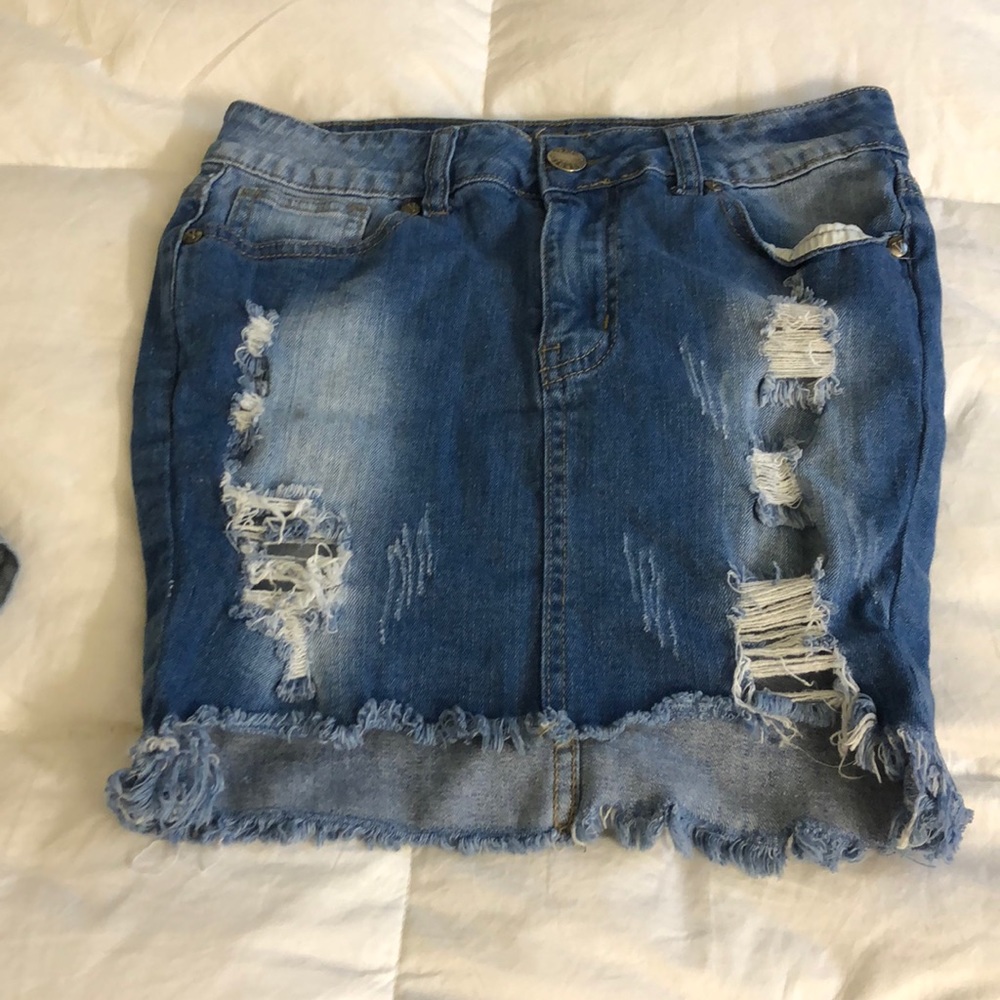 Distressed jean skirt